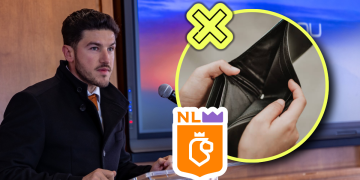 Man in a Dark Coat Speaks at a Podium During a Presentation; a Circular Overlay Shows an Open Empty Wallet, Implying Lack of Funds or Money Issues. - Glen Facturero