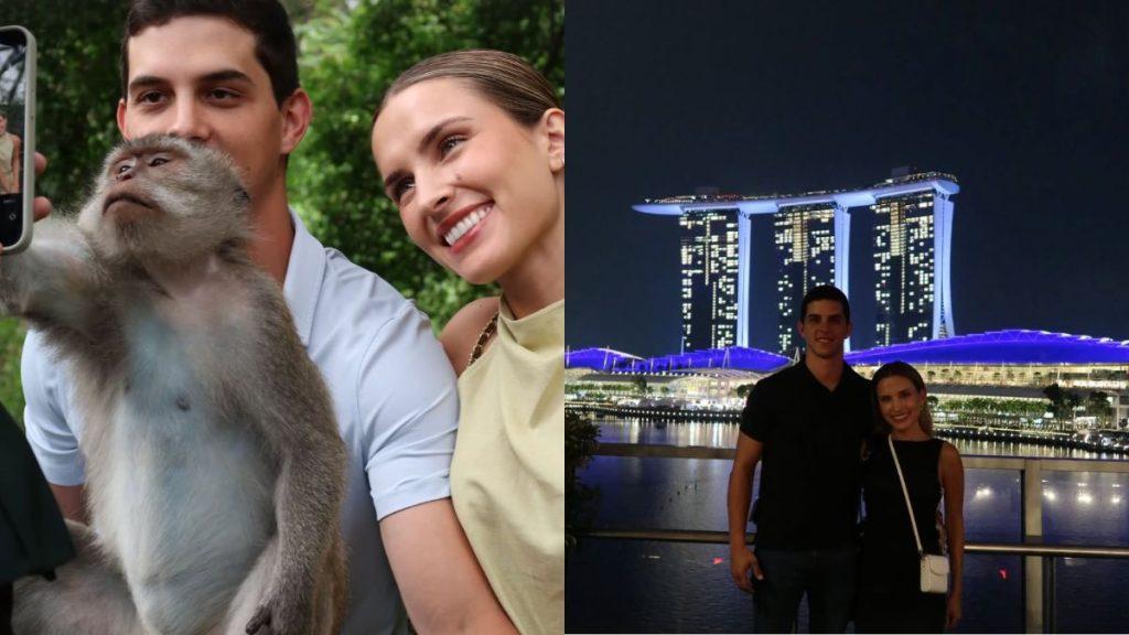 Left Panel: a Man and Woman Take a Selfie with a Small Monkey Clinging to the Camera Arm Outdoors; Right Panel: a Couple Poses at Night in Front of the Illuminated Marina Bay Sands in Singapore. - Glen Facturero
