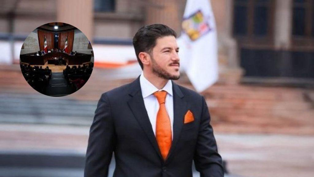 Man in a Black Suit with an Orange Tie and Pocket Square Walks Outdoors, with a Blurred Official Building and Flag in the Background. - Glen Facturero