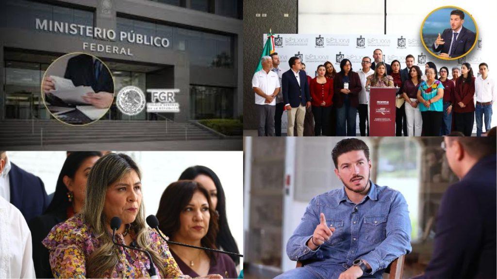 Collage Showing the Mexican Public Ministry Building Exterior, a Group of Politicians at a Press Conference with Morena Branding, and Two Interview Moments: a Woman Speaking at Microphones and a Man in a Denim Shirt Gesturing. - Glen Facturero