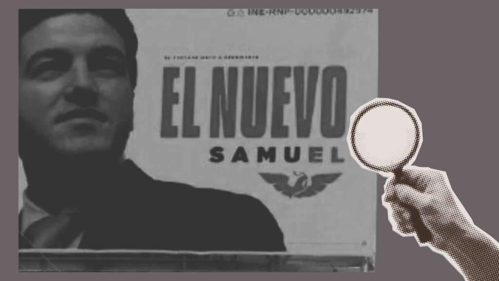 Black-and-white Photo of a Man Beside a Poster That Reads 'el Nuevo Samuel' with a Dotted Magnifying-glass on the Right. - Glen Facturero