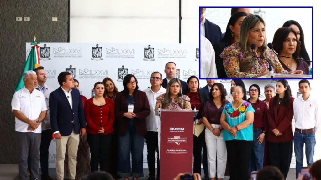 Diverse Group of People at a Press Conference Behind a Morena Podium; Inset Shows a Woman in a Floral Blouse Speaking at Microphones Behind a Blue Border. - Glen Facturero