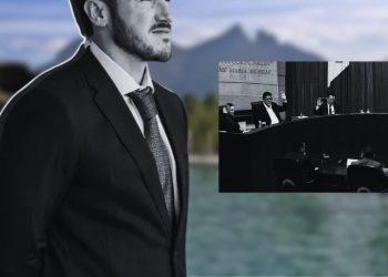Man in a Dark Suit and Tie Stands in the Foreground Outdoors by a Blurred Lake, with a Black-and-white Inset of a Formal Meeting Panel Raising Hands. - Glen Facturero