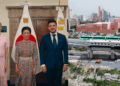 Montage: Left Side Shows Three Officials Posing Indoors with Flags in the Background; Right Side Shows a Green Train on an Elevated Track over a City Street. - Glen Facturero