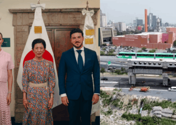 Montage: Left Side Shows Three Officials Posing Indoors with Flags in the Background; Right Side Shows a Green Train on an Elevated Track over a City Street. - Glen Facturero