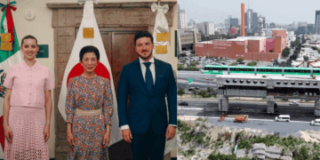 Montage: Left Side Shows Three Officials Posing Indoors with Flags in the Background; Right Side Shows a Green Train on an Elevated Track over a City Street. - Glen Facturero