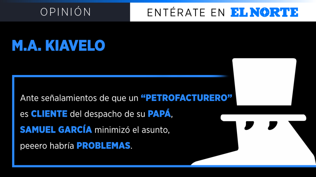 Banner De Opinión: Fondo Negro, Título En Azul 'm.a. Kiavelo', Recuadro Azul Con Cita Sobre Un 'petrofacturero' Y Cliente Del Despacho De Su Papá; Figura Blanca a La Derecha. - Glen Facturero