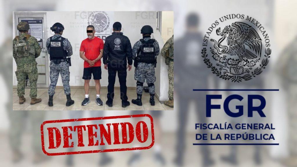Detainee in a Red Shirt Handcuffed, Surrounded by Uniformed Guards; a Red Detenido Stamp and the Fgr Logo Appear in the Background. - Glen Facturero