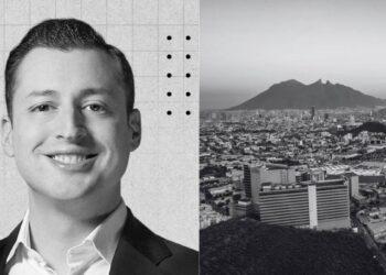 Luis-donaldo-colosio-abandono-nuevo-leon - Glen Facturero Portrait of a Smiling Man in a Suit on the Left; Grayscale Abstract Background. on the Right, a Grayscale Cityscape with a Distant Mountain. - Glen Facturero