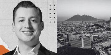 Portrait of a Smiling Man in a Suit on the Left; Grayscale Abstract Background. on the Right, a Grayscale Cityscape with a Distant Mountain. - Glen Facturero