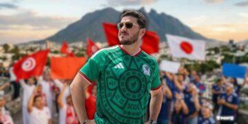 Man in a Green Mexico Soccer Jersey Wearing Sunglasses, Hands on Hips, Posing in Front of a Cheering Crowd with Red Flags and a Blurred Mountain Backdrop. - Glen Facturero