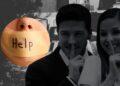 Mouth Taped Shut with a Sticky Note Reading ‘help,’ with Two People in the Blurred Background Making Shushing Gestures. - Glen Facturero