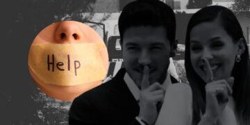 Mouth Taped Shut with a Sticky Note Reading ‘help,’ with Two People in the Blurred Background Making Shushing Gestures. - Glen Facturero