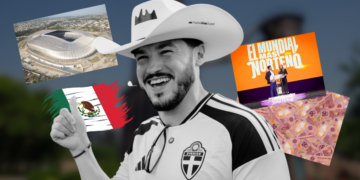 Smiling Man in a Sweden Jersey Wearing a White Cowboy Hat, Surrounded by a Mexican Flag, a Stadium Photo, a Poster Reading 'el Mundial Más Norteno', and Peso Bills in a Collage. - Glen Facturero