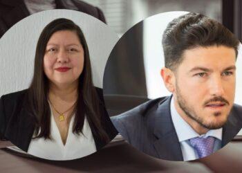 Jueza-frena-juicio-a-samuel-garcia - Glen Facturero Two Business Professionals Pictured in Overlapping Circular Frames: a Woman on the Left and a Man on the Right in a Office Setting. - Glen Facturero