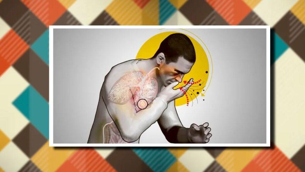 Illustration of a Shirtless Man Clutching His Chest in Pain, with a Semi-transparent Heart Illustration over His Chest and a Yellow Circular Background Element Behind Him, Suggesting a Heart Attack. - Glen Facturero