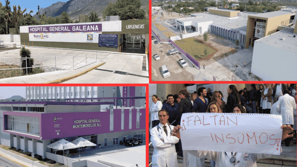 Collage of Four Hospital Scenes: Two Exteriors, a Modern Purple Hospital, and Doctors Protesting with a 'faltan Insumos' Banner. - Glen Facturero