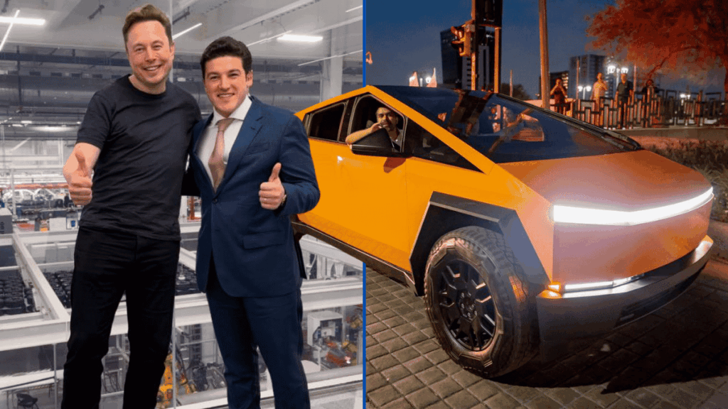 Foto De Elon Musk Con Samuel Y El Tesla Naranja De Samuel Antes De Que Se Confirmara La Suspensión De Tesla En El Estado. - Glen Facturero